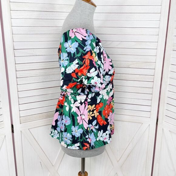 Old Navy Floral Puff Sleeve Flared Hem V Neck Top Shirt Blue Multi Small - Picture 4 of 13